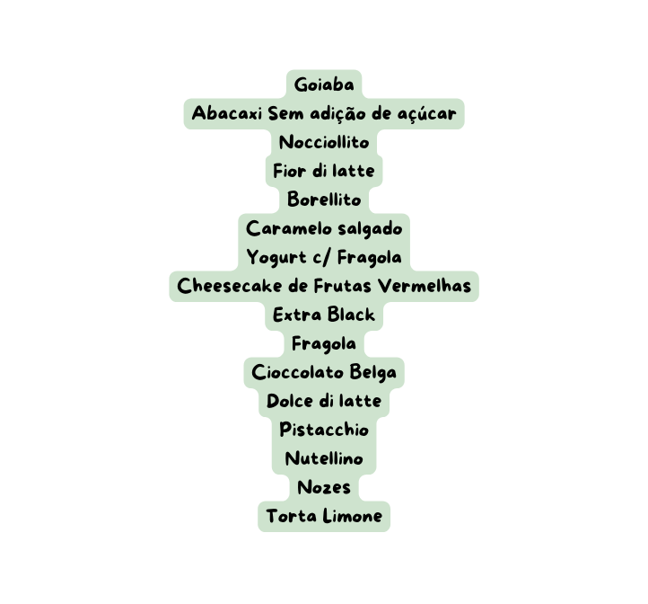 Goiaba Abacaxi Sem adição de açúcar Nocciollito Fior di latte Borellito Caramelo salgado Yogurt c Fragola Cheesecake de Frutas Vermelhas Extra Black Fragola Cioccolato Belga Dolce di latte Pistacchio Nutellino Nozes Torta Limone